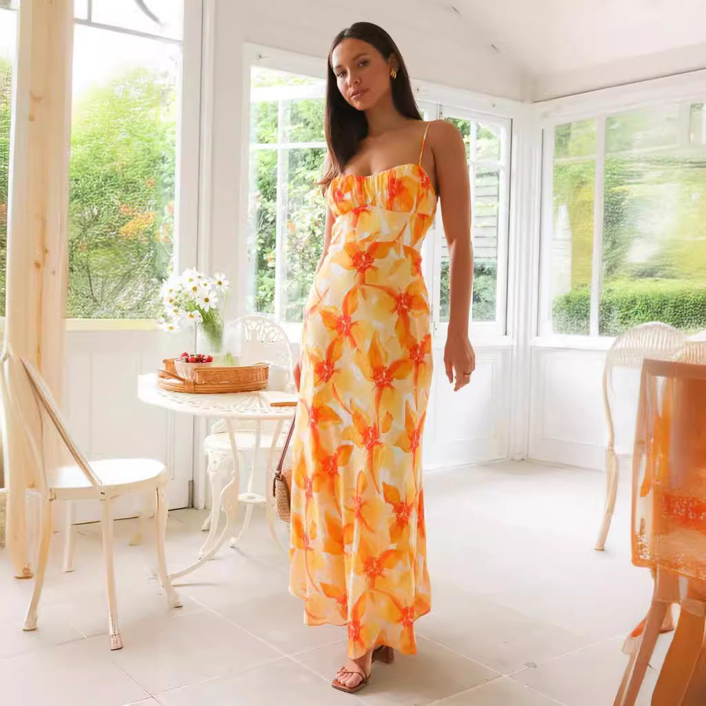 Spaghetti Strap Ruched Bust Tropical Floral Print Satin Maxi Dress