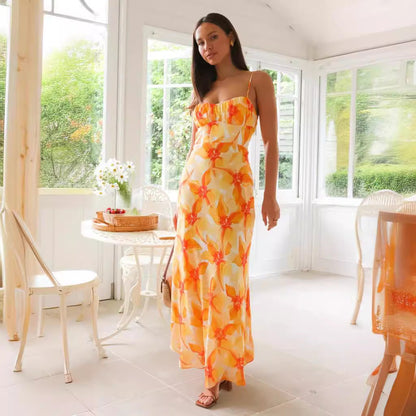 Spaghetti Strap Ruched Bust Tropical Floral Print Satin Maxi Dress