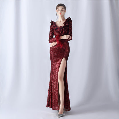 Ostrich Hair Craft Wave Sequin Decoration High End Evening Dress