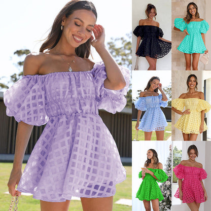 Off Shoulder Puff Sleeve Checkered Sheer Grid Babydoll Mini Dress