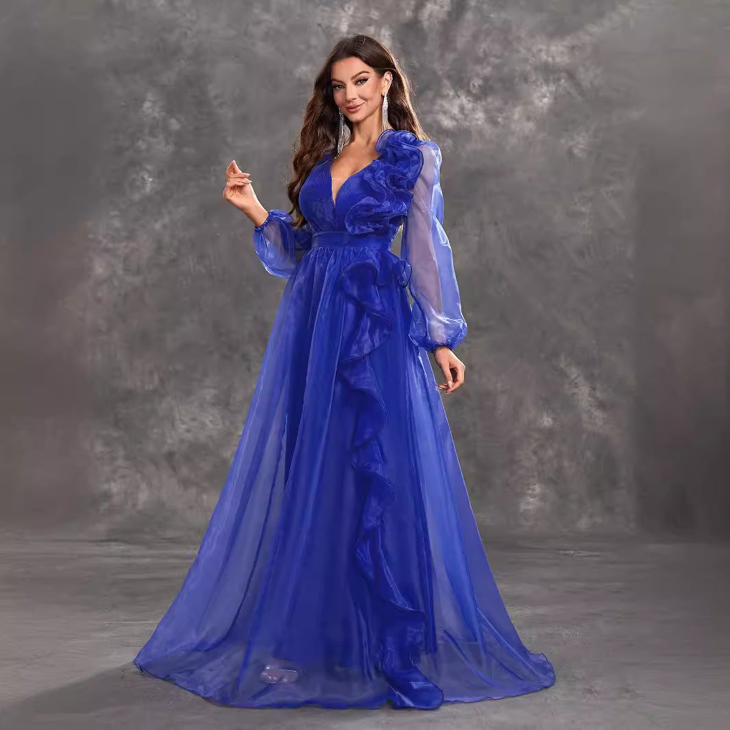 Prom Evening Dress V Neck Long Sleeve Three Dimensional Flounce Decorative Elegant Dress