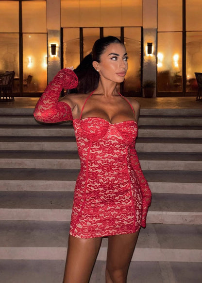 Floral Lace Sweetheart Halter Neck Detached Sleeve Bodycon Mini Dress