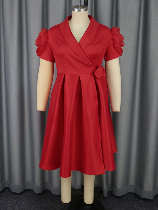 Cocktail Floral Sleeve Dress Party Solid Color High Waist A line Dress