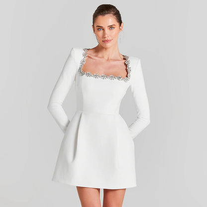 Bead Long Sleeve Stretch Dress A line