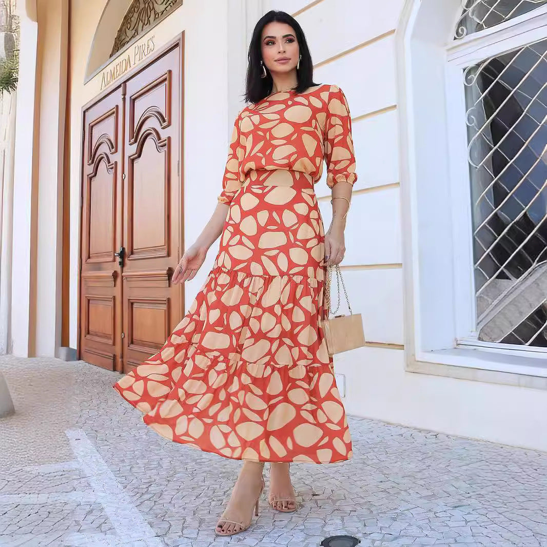 Printed Suit Skirt Elegant Round Neck Stitching A line Dress
