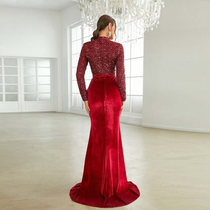 Long Sleeved Sequined round Neck Annual Party Party Evening Dress Bridesmaid Dress for