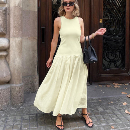 French Sleeveless Vest Dress High Grade Slimming Pleated Stitching Casual Dress