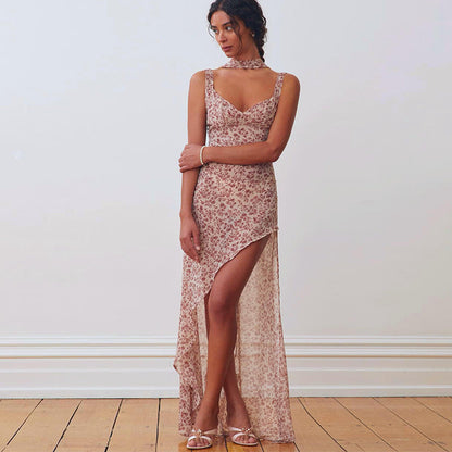 Strap Floral Backless High Split Tied