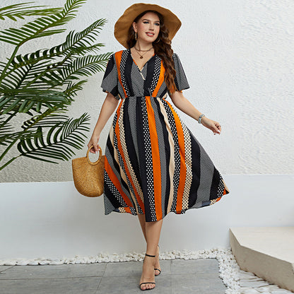 Dress Waist Controlled V neck Printing Dress