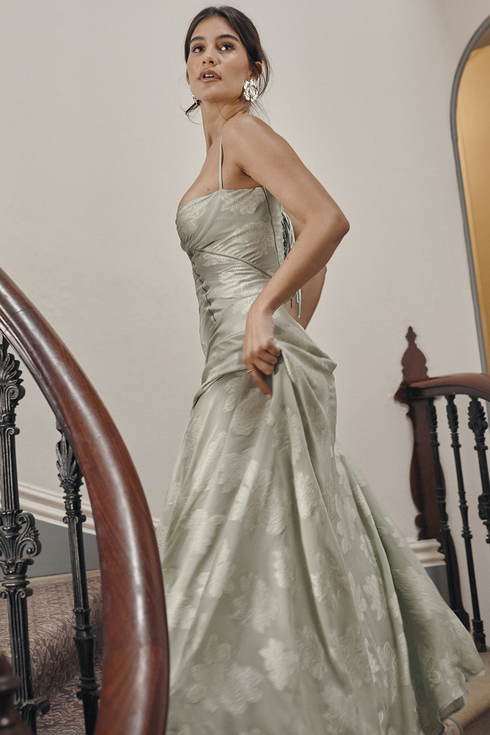 Floral Jacquard Corset Bodice Spaghetti Strap Lace-Up Back Floor-Length Gown
