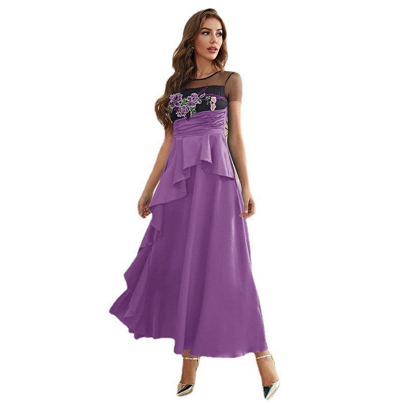 Lace Lined Sling High Waist Embroidery Large Swing Dress