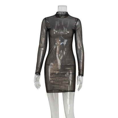 Mesh Long Sleeve Slim Bronzing Thin Glittering Dress Sheath Blouse