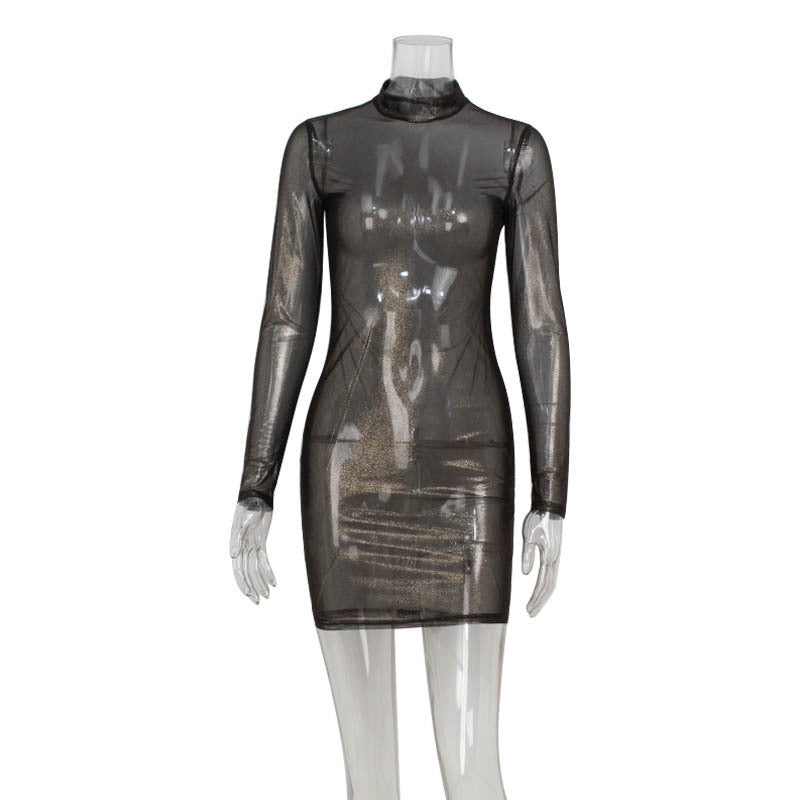 Mesh Long Sleeve Slim Bronzing Thin Glittering Dress Sheath Blouse