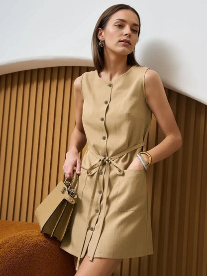 Sleeveless Button Front Summer Mini Dress with Waist Tie