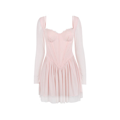 Mesh Long Sleeve Lace Stitching Boning Corset French Dress Barbie Cos Pink