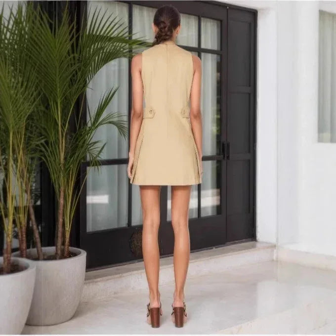 Women’s Sleeveless Khaki Commuter Dress with Cross-Lace Front
