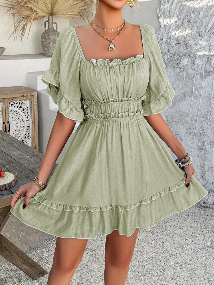 Green Ruffle Ruched Mini Dress Short Frilly