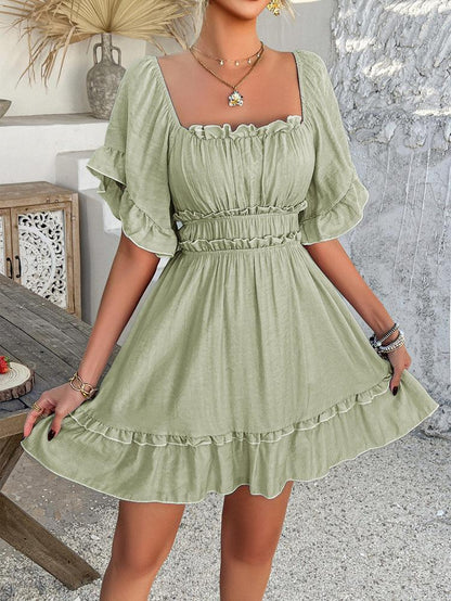 Green Ruffle Ruched Mini Dress Short Frilly