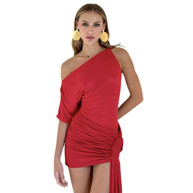 One Shoulder Ruched Draped Knot Side Sash Train Mini Dress