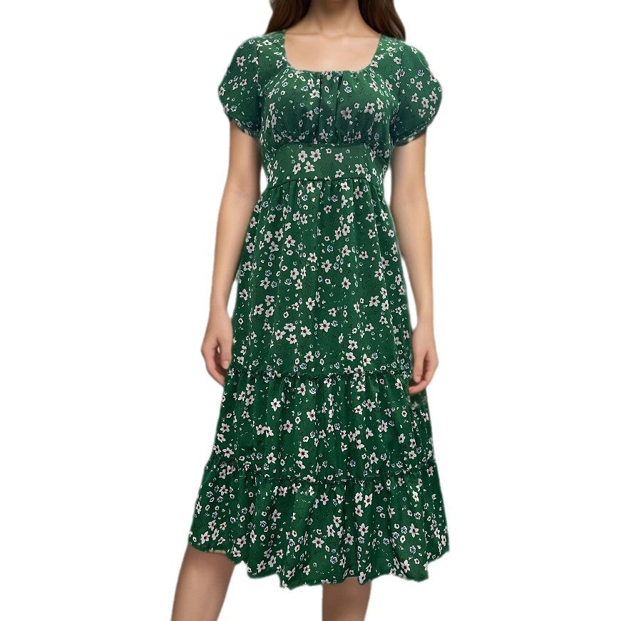 Ditsy Floral Print Square Neck Puff Sleeve Tiered Ruffle Hem Midi Dress
