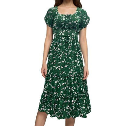 Ditsy Floral Print Square Neck Puff Sleeve Tiered Ruffle Hem Midi Dress