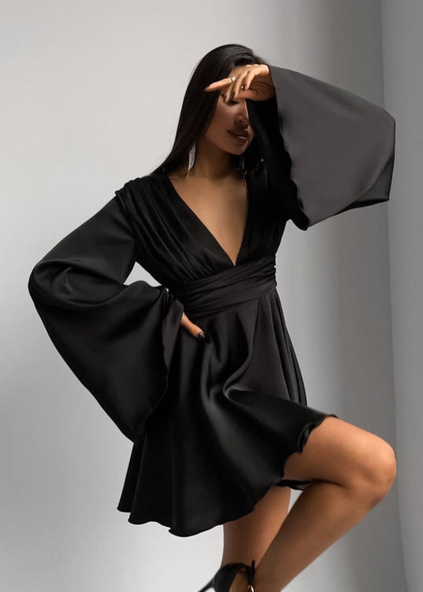 Plunging V-Neck Satin Bell Sleeve Ruffle Hem Fit and Flare Mini Dress