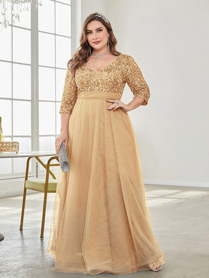 Plus Size V neck Short Sleeve Sequined Tulle A line Floor Elegant Prom Evening Dress Party Dress