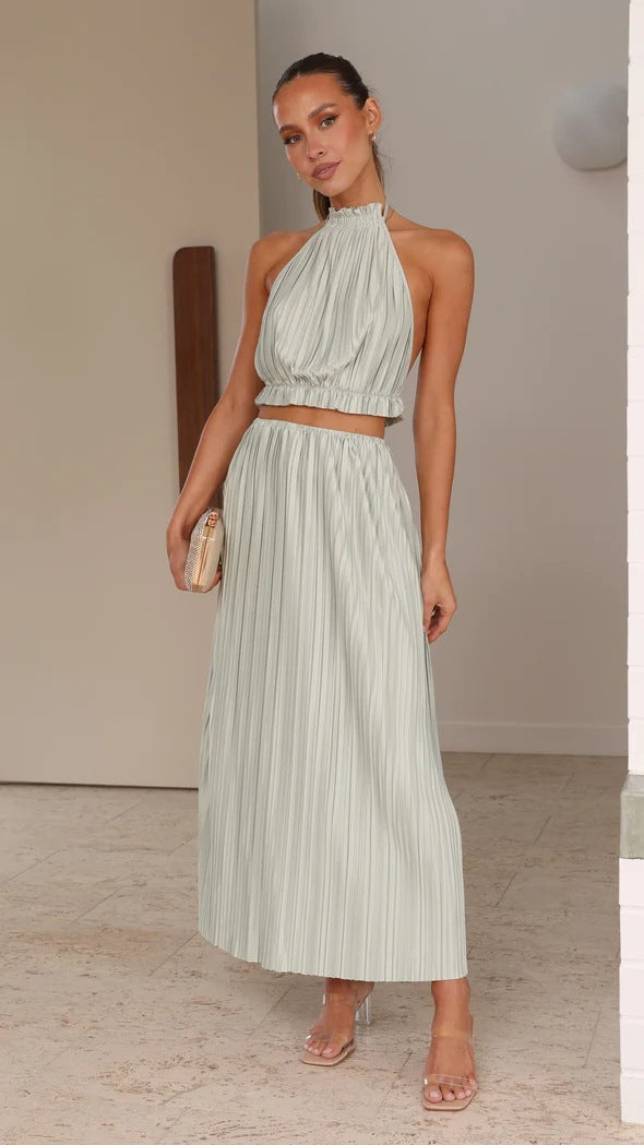 Halter Neck Ruffle Collar Accordion Pleat Open Back Maxi Dress