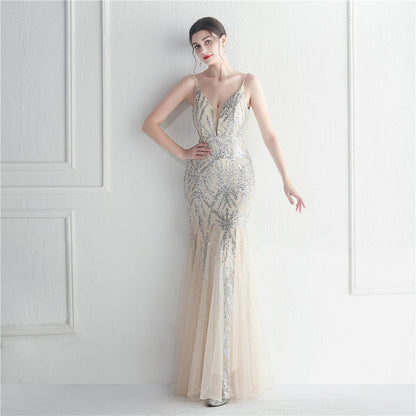 Popular Mesh Beads Sequined Dress Long Evening Dress Star Event Exhibition Stage