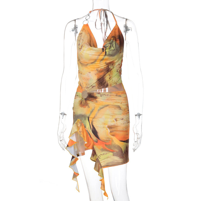 Printing Backless Lace up Dress