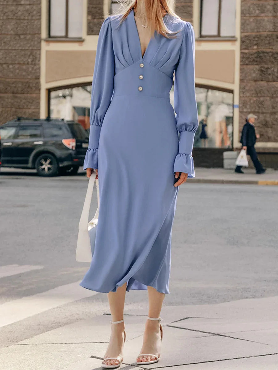 French-style lantern sleeve midi dress