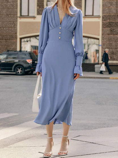French-style lantern sleeve midi dress