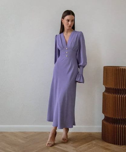 French-style lantern sleeve midi dress