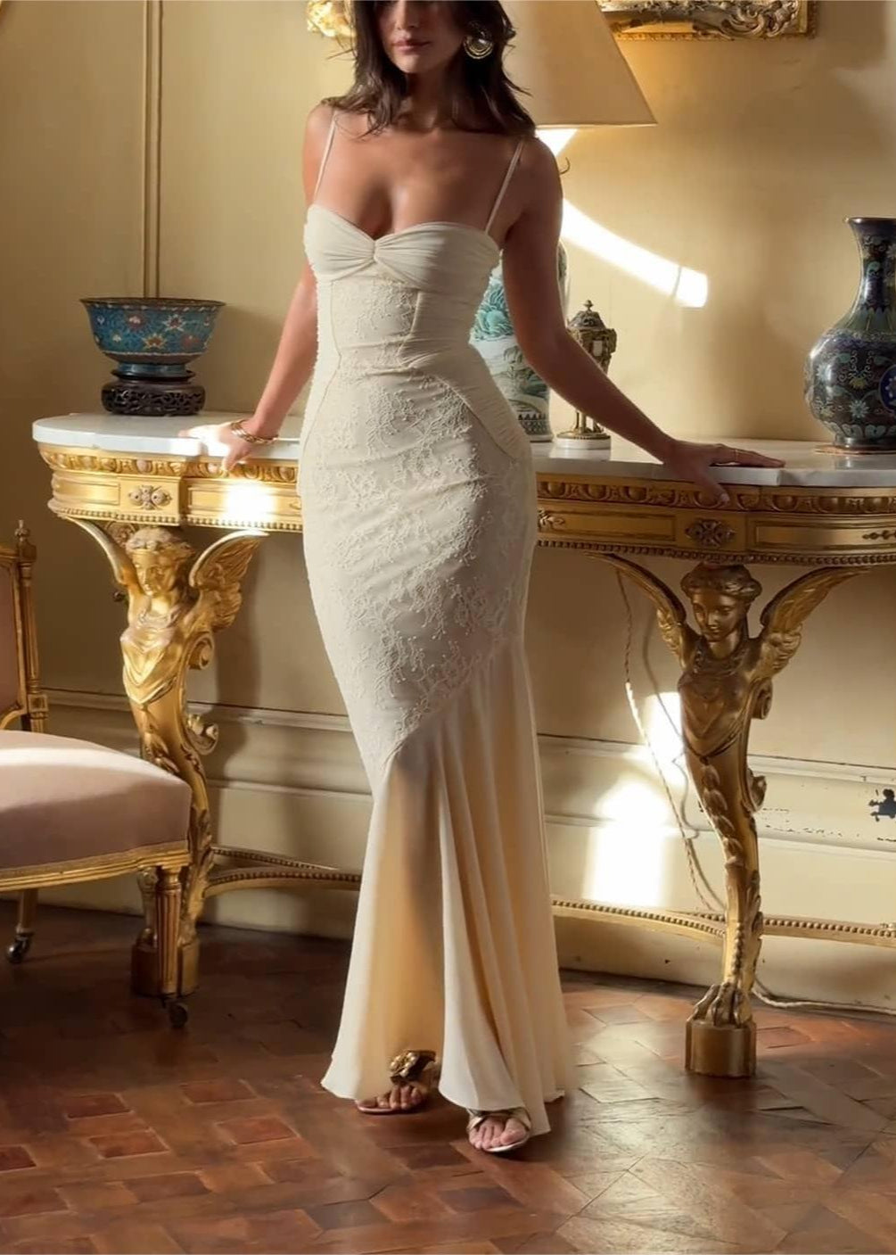 Lace Panel Ruched Sweetheart Spaghetti Strap Mermaid Ruffle Hem Maxi Gown