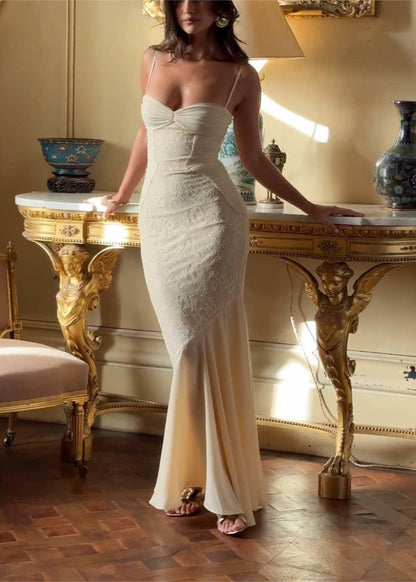 Lace Panel Ruched Sweetheart Spaghetti Strap Mermaid Ruffle Hem Maxi Gown