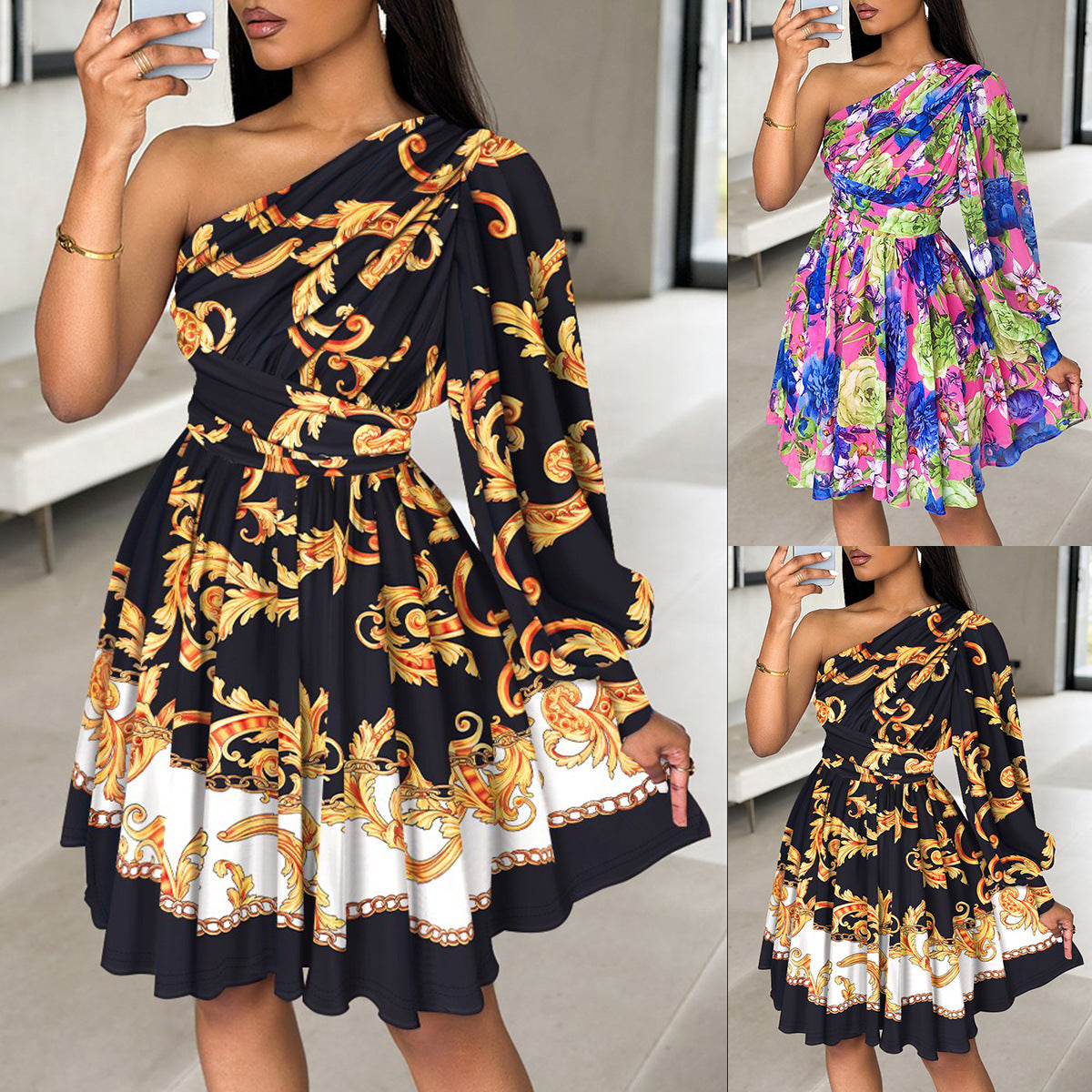 Asymmetric One-Shoulder Baroque Print Balloon Sleeve Skater Mini Dress