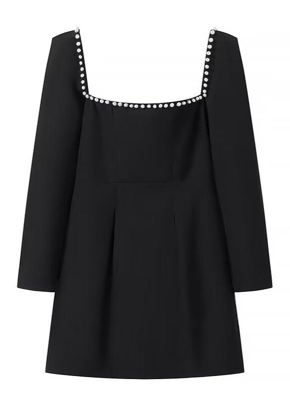 Pearl Trim Square Neck Long Sleeve Fit and Flare Mini Dress