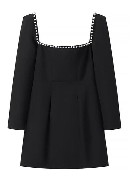 Pearl Trim Square Neck Long Sleeve Fit and Flare Mini Dress