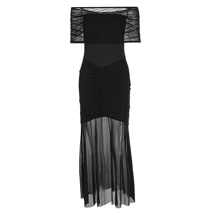 black off shoulder mesh ruched maxi dress women