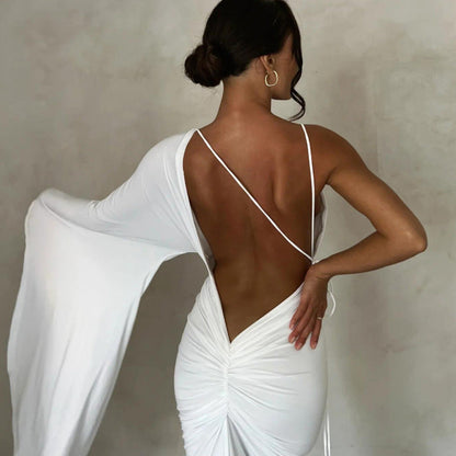 One Shoulder Sleeve Low Cut Backless Evening Dress for
