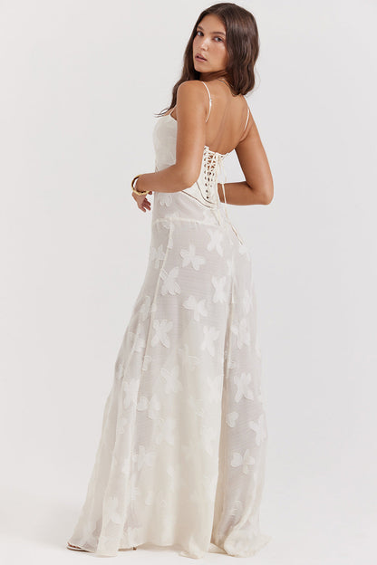Floral Jacquard Corset Bodice Spaghetti Strap Lace-Up Back Floor-Length Gown