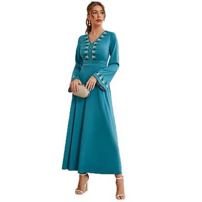 Round Neck Horn Elegant V neck High Waist Long Swing Dress