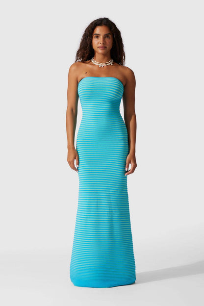 Strapless Horizontal Stripe Knit Bodycon Maxi Dress