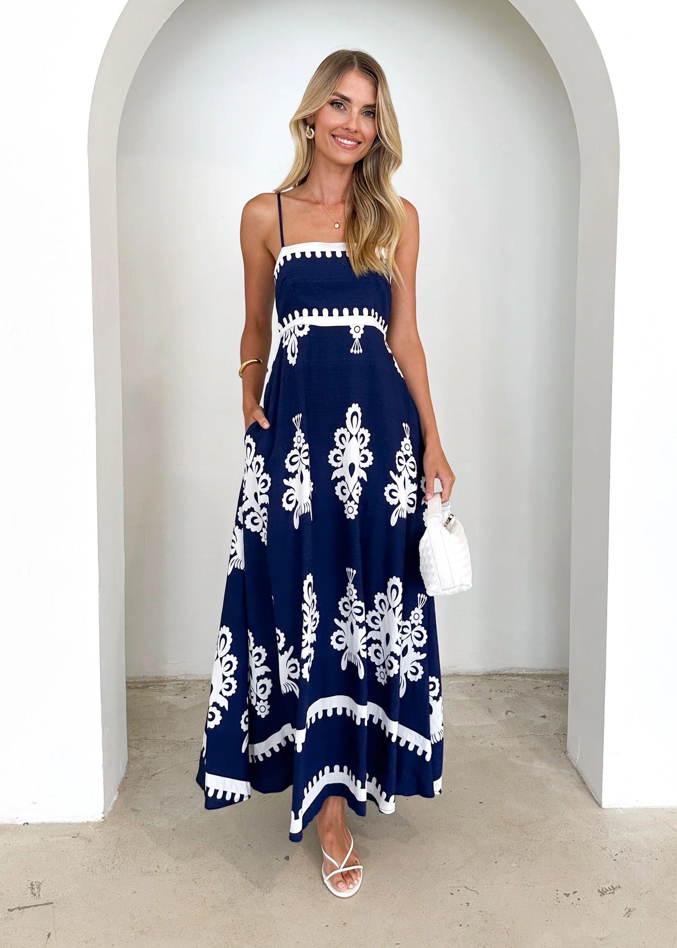 Cami Dress Positioning Printed Waist Controlled Large Swing Corset Sling Dress