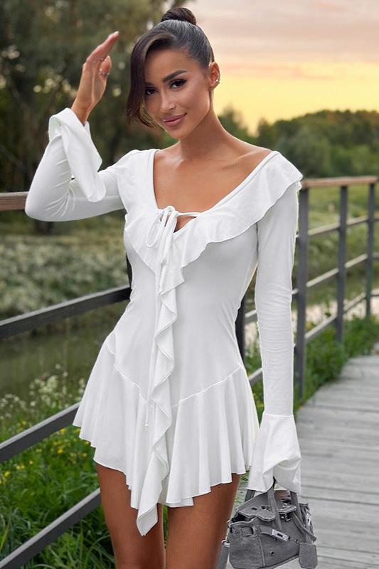 Ruffle Trim Tie Front Keyhole Long Sleeve Tiered Fit and Flare Mini Dress