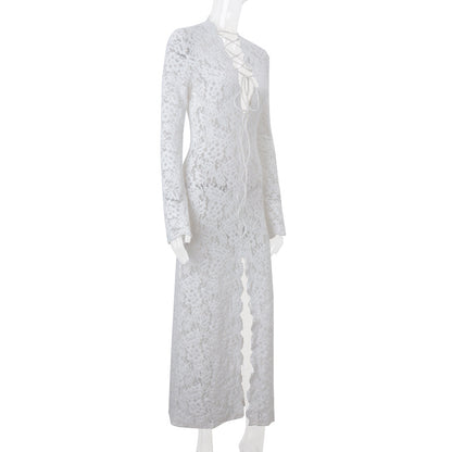 Garcelle Floral Lace Lace-up Long Bell Sleeve Slit Midi Dress