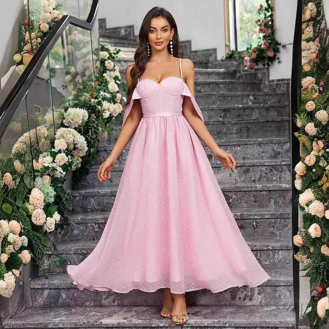 Sweetheart Spaghetti Strap Cold Shoulder Swiss Dot Corset Bodice Maxi Dress