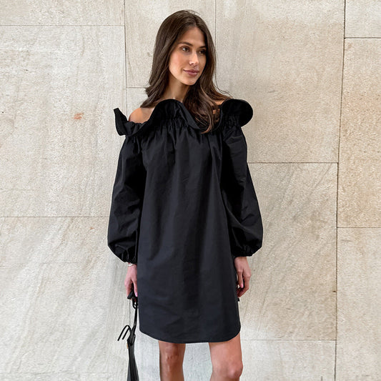 Loose Comfortable off Shoulder Long Sleeve Solid Color Homewear Cotton Simple Casual Nightdress