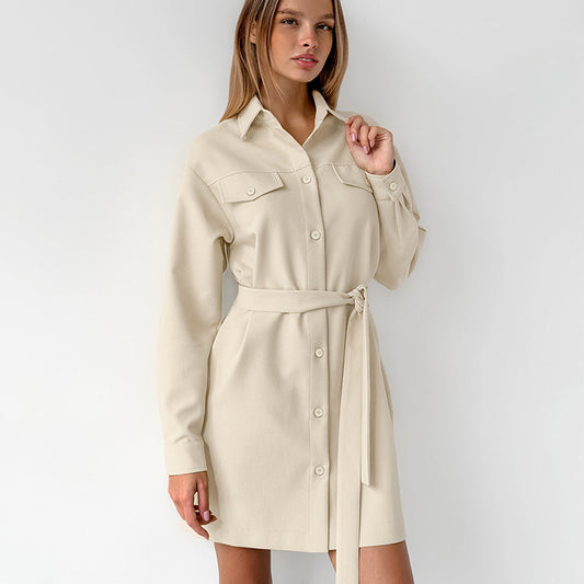 Office Elegant Belt Tooling Fall Collared Khaki Drop Shoulder Sleeve Pocket Retro