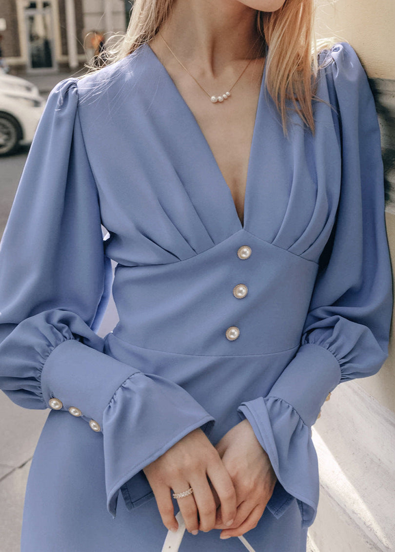 Deep V Neck Puff Sleeve Pearl Button Structured Waist Midi Dress